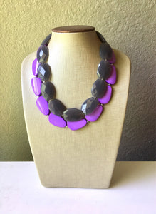 Chunky Statement Purple Necklace, multi strand colorful jewelry, big beaded chunky statement necklace, gray necklace, gray jewelry