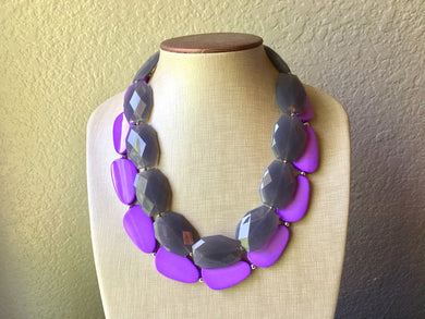 Chunky Statement Purple Necklace, multi strand colorful jewelry, big beaded chunky statement necklace, gray necklace, gray jewelry