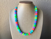 Load image into Gallery viewer, Neon Statement Necklace, neon chunky multi-strand jewelry, coral neon yellow neon green sky blue necklace, single strand silver necklace