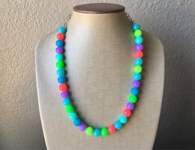 Neon Statement Necklace, neon chunky multi-strand jewelry, coral neon yellow neon green sky blue necklace, single strand silver necklace