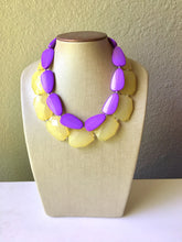 Load image into Gallery viewer, Chunky Statement Purple Necklace, multi strand colorful jewelry, big beaded chunky statement necklace, yellow necklace, yellow jewelry