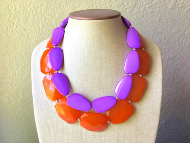 Chunky Statement Purple Necklace, multi strand colorful jewelry, big beaded chunky statement necklace, orange necklace, orange jewelry