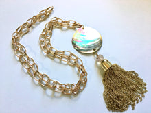 Load image into Gallery viewer, Abalone Shell Long Statement Tassel Necklace, gold necklace, gold tassel necklace, long tassel necklace, shell and crystal gold necklace