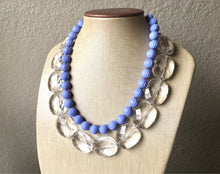 Load image into Gallery viewer, Clear &amp; Periwinkle Statement Necklace, Chunky Beaded Necklace, Periwinkle Jewelry, light blue purple Necklace, blue white beaded necklace