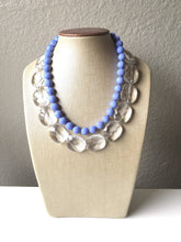 Load image into Gallery viewer, Clear &amp; Periwinkle Statement Necklace, Chunky Beaded Necklace, Periwinkle Jewelry, light blue purple Necklace, blue white beaded necklace