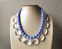 Load image into Gallery viewer, Clear &amp; Periwinkle Statement Necklace, Chunky Beaded Necklace, Periwinkle Jewelry, light blue purple Necklace, blue white beaded necklace