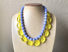 Load image into Gallery viewer, Yellow &amp; Periwinkle Statement Necklace, Chunky Beaded Necklace, Periwinkle Jewelry, light blue purple Necklace, blue yellow beaded necklace