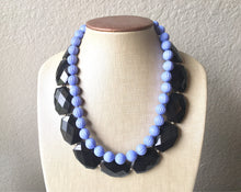 Load image into Gallery viewer, Black &amp; Periwinkle Statement Necklace, Chunky Beaded Necklace, Periwinkle Jewelry, light blue purple Necklace, blue black beaded necklace