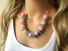 Load image into Gallery viewer, Pink &amp; Mint Green Chunky Statement Necklace, Big beaded jewelry, geometric  Statement Necklace, geometric jewelry, green and pink