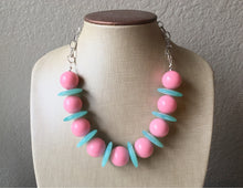 Load image into Gallery viewer, Pink &amp; Mint Green Chunky Statement Necklace, Big beaded jewelry, geometric  Statement Necklace, geometric jewelry, green and pink