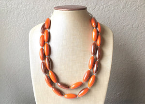 Orange & Gunmetal Gray Chunky Statement Necklace, Big beaded bib jewelry, Double Strand Statement Necklace, gray orange bridesmaid wedding