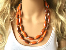 Load image into Gallery viewer, Orange &amp; Gunmetal Gray Chunky Statement Necklace, Big beaded bib jewelry, Double Strand Statement Necklace, gray orange bridesmaid wedding