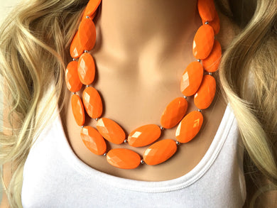 Orange Oval Chunky Statement Necklace, Big beaded bib jewelry, Double Strand Statement Necklace, geometric bright orange bridesmaid wedding