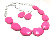 Load image into Gallery viewer, Hot pink Statement Necklace &amp; Earrings, hot pink jewelry, Your Choice GOLD or SILVER, pink bib chunky necklace, pink necklace