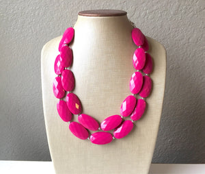 Big Bead hot pink Necklace, Double Strand Statement Jewelry, magenta blush Chunky bib bridesmaid or everyday bubble jewelry, dark pink