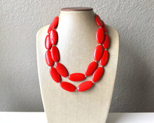 Load image into Gallery viewer, Red statement Necklace, Double strand bright red jewelry, big beaded bib chunky statement necklace, red jewelry, red geometric necklace