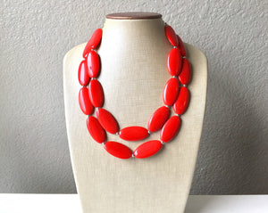 Red statement Necklace, Double strand bright red jewelry, big beaded bib chunky statement necklace, red jewelry, red geometric necklace