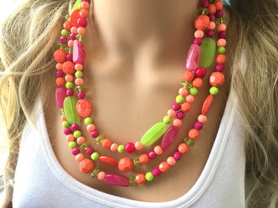 Spring Fiesta Triple Strand statement necklace, big beaded chunky jewelry, Fuchsia Lime Coral Orange Bib Jewelry Set, earring jewelry set