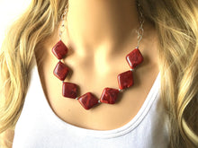 Load image into Gallery viewer, Deep Red Statement Necklace &amp; Earrings, red jewelry, Your Choice GOLD or SILVER, red bib chunky necklace, red necklace, Crimson Jeweley Set