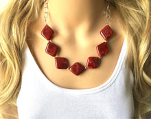 Load image into Gallery viewer, Deep Red Statement Necklace &amp; Earrings, red jewelry, Your Choice GOLD or SILVER, red bib chunky necklace, red necklace, Crimson Jeweley Set