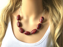 Load image into Gallery viewer, Deep Red Statement Necklace &amp; Earrings, red jewelry, Your Choice GOLD or SILVER, red bib chunky necklace, red necklace, Crimson Jeweley Set