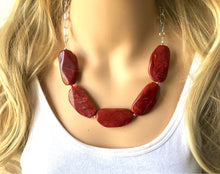 Load image into Gallery viewer, Deep Red Statement Necklace &amp; Earrings, red jewelry, Your Choice GOLD or SILVER, red bib chunky necklace, red necklace, Crimson Jeweley Set