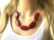 Load image into Gallery viewer, Deep Red Statement Necklace &amp; Earrings, red jewelry, Your Choice GOLD or SILVER, red bib chunky necklace, red necklace, Crimson Jeweley Set