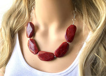 Load image into Gallery viewer, Deep Red Statement Necklace &amp; Earrings, red jewelry, Your Choice GOLD or SILVER, red bib chunky necklace, red necklace, Crimson Jeweley Set