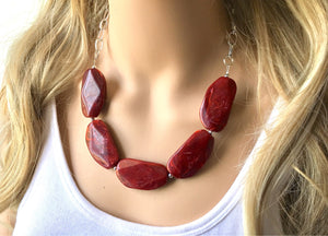 Deep Red Statement Necklace & Earrings, red jewelry, Your Choice GOLD or SILVER, red bib chunky necklace, red necklace, Crimson Jeweley Set