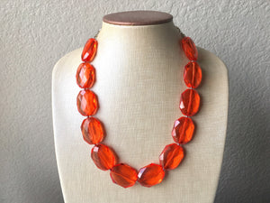 Red-Orange Single Strand Big Beaded Statement Necklace, red Jewelry, red beaded necklace, red bridesmaid necklace jewelry, red drop earrings