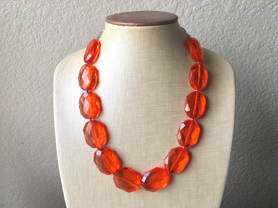 Red-Orange Single Strand Big Beaded Statement Necklace, red Jewelry, red beaded necklace, red bridesmaid necklace jewelry, red drop earrings