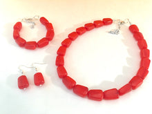 Load image into Gallery viewer, Beaded red jewelry set, Single Strand Statement Jewelry, bright lipstick red Chunky bib bridesmaid, red necklace, red earrings beaded