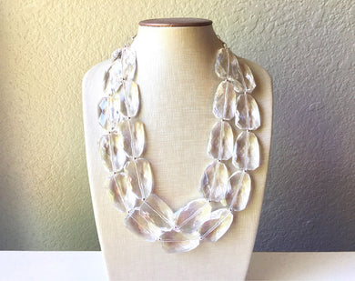 Clear Crystal Statement Necklace & earrings, Faceted beaded jewelry, silver accents chunky bib necklace, resin clear statement necklace