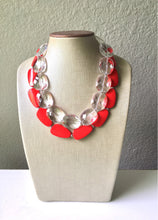 Load image into Gallery viewer, Clear &amp; Red Necklace, multi strand jewelry, big beaded chunky statement necklace, red jewelry, bridesmaid necklace, bib necklace, resin bead