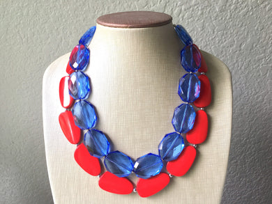 Blue & Red Necklace, multi strand jewelry, big beaded chunky statement necklace, red jewelry, bridesmaid necklace, bib necklace, denim blue