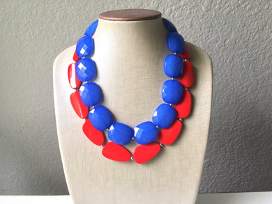 Blue & Red Necklace, multi strand jewelry, big beaded chunky statement necklace, red jewelry, bridesmaid necklace, bib necklace, denim blue