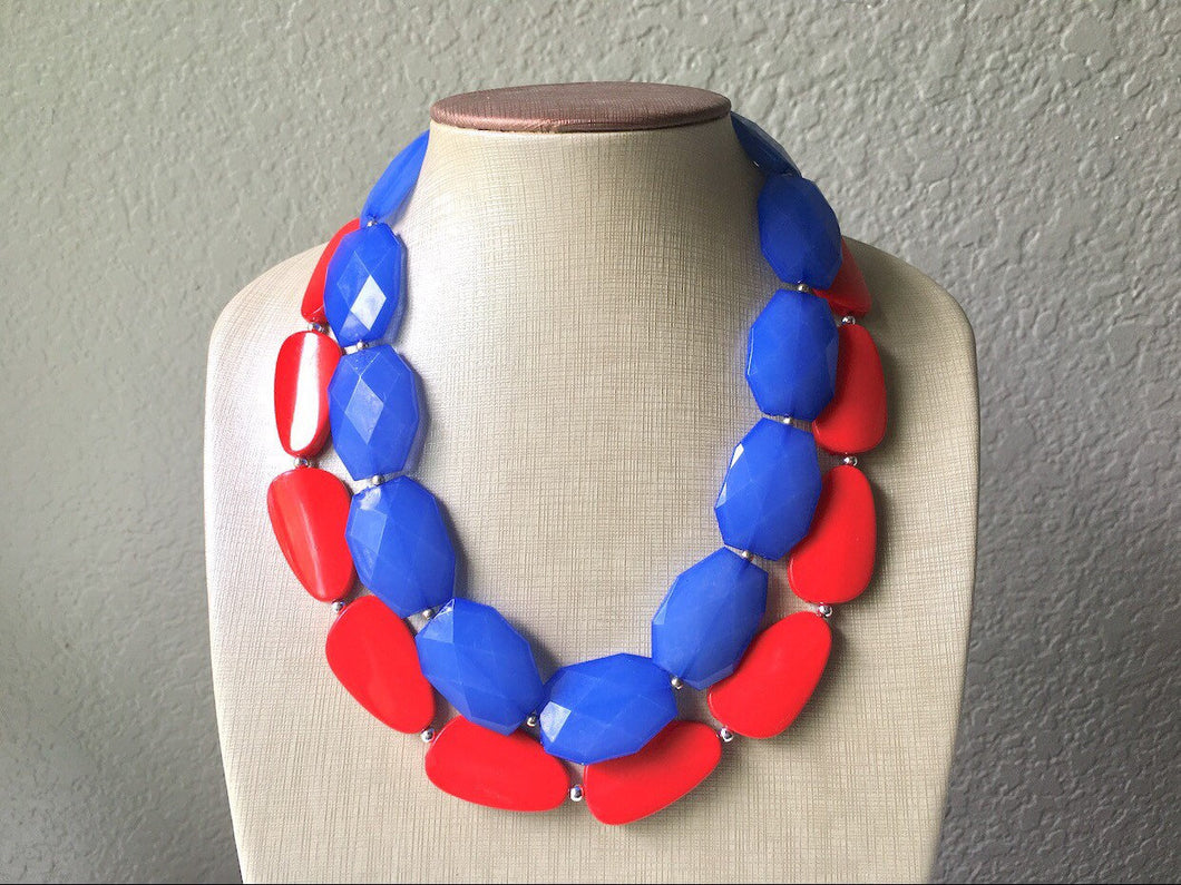 Blue & Red Necklace, multi strand jewelry, big beaded chunky statement necklace, red jewelry, bridesmaid necklace, bib necklace, denim blue