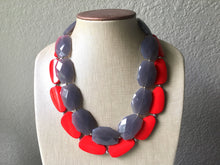 Load image into Gallery viewer, Gray &amp; Red Necklace, multi strand jewelry, big beaded chunky statement necklace, red jewelry, bridesmaid necklace, bib necklace, gray beaded