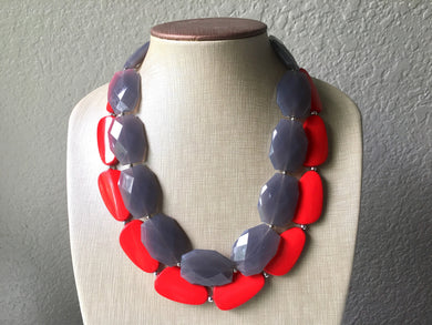 Gray & Red Necklace, multi strand jewelry, big beaded chunky statement necklace, red jewelry, bridesmaid necklace, bib necklace, gray beaded