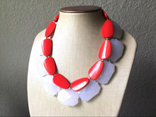 Load image into Gallery viewer, White &amp; Red Necklace, multi strand jewelry, big beaded chunky statement necklace, red jewelry, bridesmaid necklace, bib necklace, resin bead