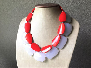 White & Red Necklace, multi strand jewelry, big beaded chunky statement necklace, red jewelry, bridesmaid necklace, bib necklace, resin bead