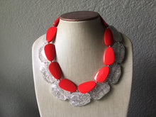 Load image into Gallery viewer, Clear &amp; Red Necklace, multi strand jewelry, big beaded chunky statement necklace, red jewelry, bridesmaid necklace, bib necklace, resin bead