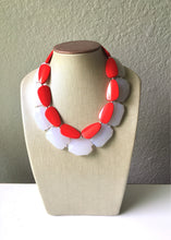 Load image into Gallery viewer, White &amp; Red Necklace, multi strand jewelry, big beaded chunky statement necklace, red jewelry, bridesmaid necklace, bib necklace, resin bead