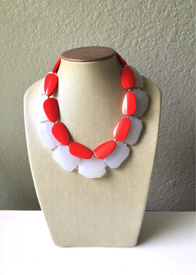 White & Red Necklace, multi strand jewelry, big beaded chunky statement necklace, red jewelry, bridesmaid necklace, bib necklace, resin bead