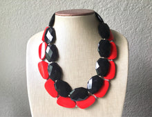 Load image into Gallery viewer, Black &amp; Red Necklace, multi strand jewelry, big beaded chunky statement necklace, red jewelry, bridesmaid necklace, bib necklace, black bead