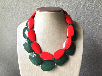 Green & Red Necklace, multi strand jewelry, big beaded chunky statement necklace, Christmas jewelry, bridesmaid necklace, bib necklace
