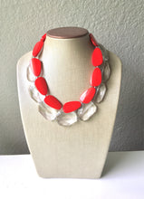 Load image into Gallery viewer, Clear &amp; Red Necklace, multi strand jewelry, big beaded chunky statement necklace, red jewelry, bridesmaid necklace, bib necklace, resin bead