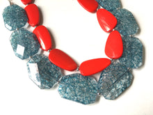 Load image into Gallery viewer, Teal &amp; Red Necklace, multi strand jewelry, big beaded chunky statement necklace, red jewelry, bridesmaid necklace, teal bib necklace