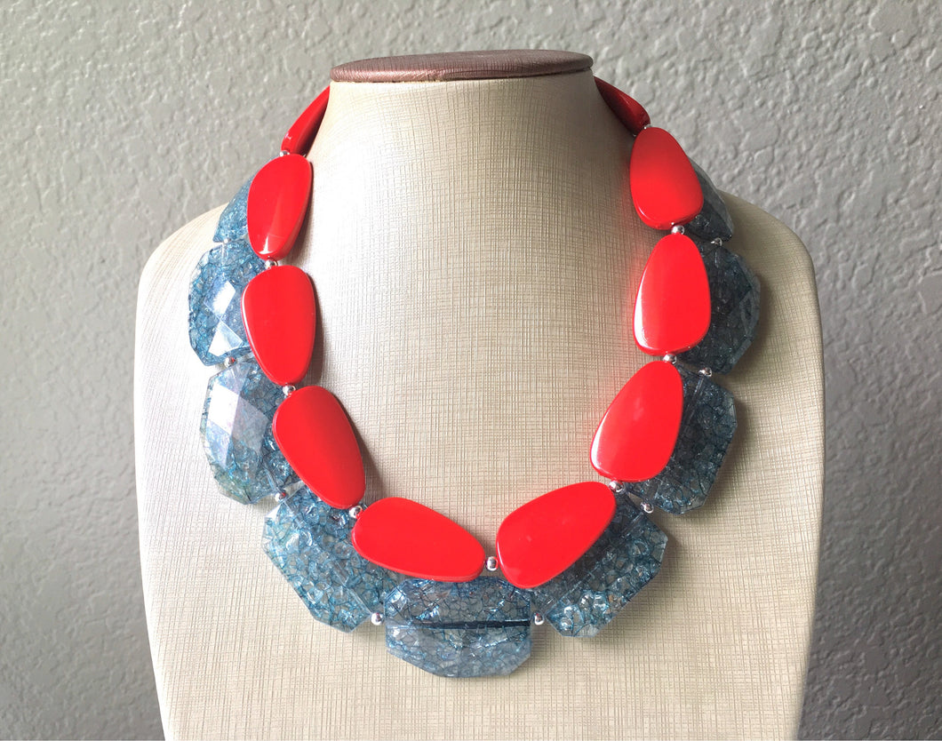 Teal & Red Necklace, multi strand jewelry, big beaded chunky statement necklace, red jewelry, bridesmaid necklace, teal bib necklace