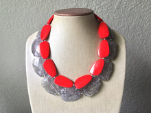 Load image into Gallery viewer, Gray &amp; Red Necklace, multi strand jewelry, big beaded chunky statement necklace, red jewelry, bridesmaid necklace, bib necklace, gray beaded